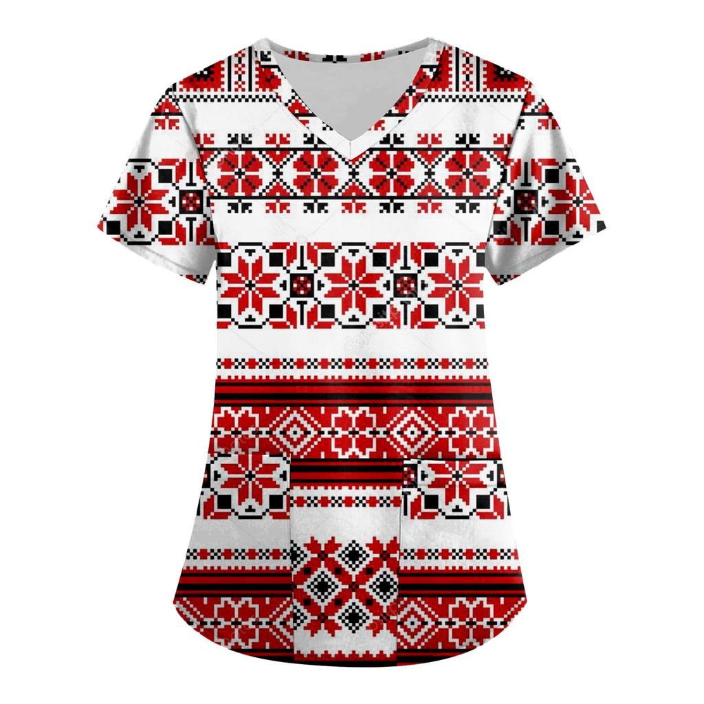 Women's Ethnic Printed Short Sleeve V-neck Tops Working Pocket Blouse