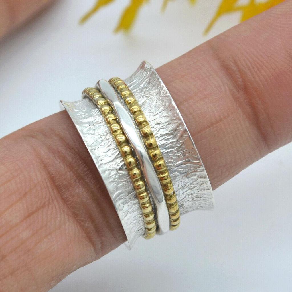 Кольцо для медитации с двумя тонами, твердое кольцо из стерлингового серебра 925 пробы, эффектное кольцо