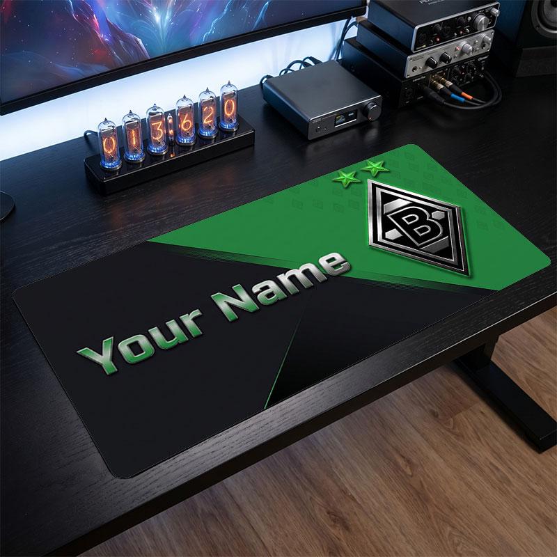 Borussia Mönchengladbach Custom Large Mouse Pad, Personalized Name Text Print, Football Logo Non‑Slip Desk Mat Gaming Gift