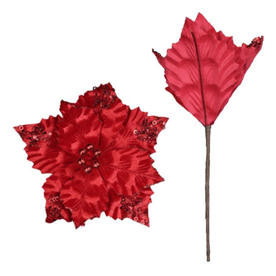 Рождественский блестящий искусственный золотой праздничный цветок со стеблем, красно-белый декор, многоразовая проводная рождественская елка