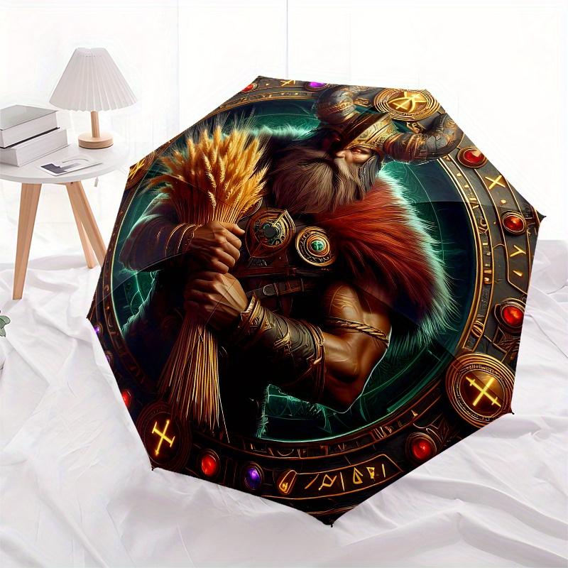 Viking Warrior Wall Art Decor, Norse Mythology Poster with Shield and Sword Umbrella, Cute Umbrella with Cute Design, Portable 3-Fold Compact Umbrella