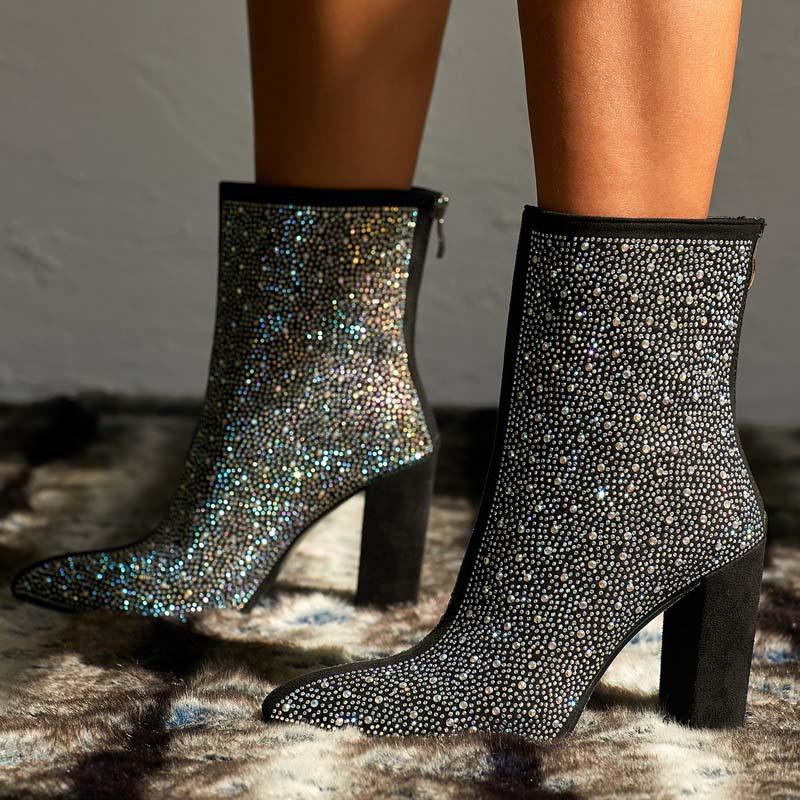 Сексуальные заостренные носки до середины голени, современные женские сапоги, блестящие стразы, молния сзади, короткие сапоги, толстый высокий каблук, черные