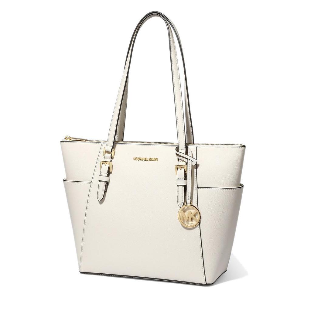 Michael Kors MK Charlotte Кулон с логотипом-буквой Однотонная кожаная сумка-тоут через плечо Большие женские сумки-тоут Кремовый 35T0GCFT7L-289