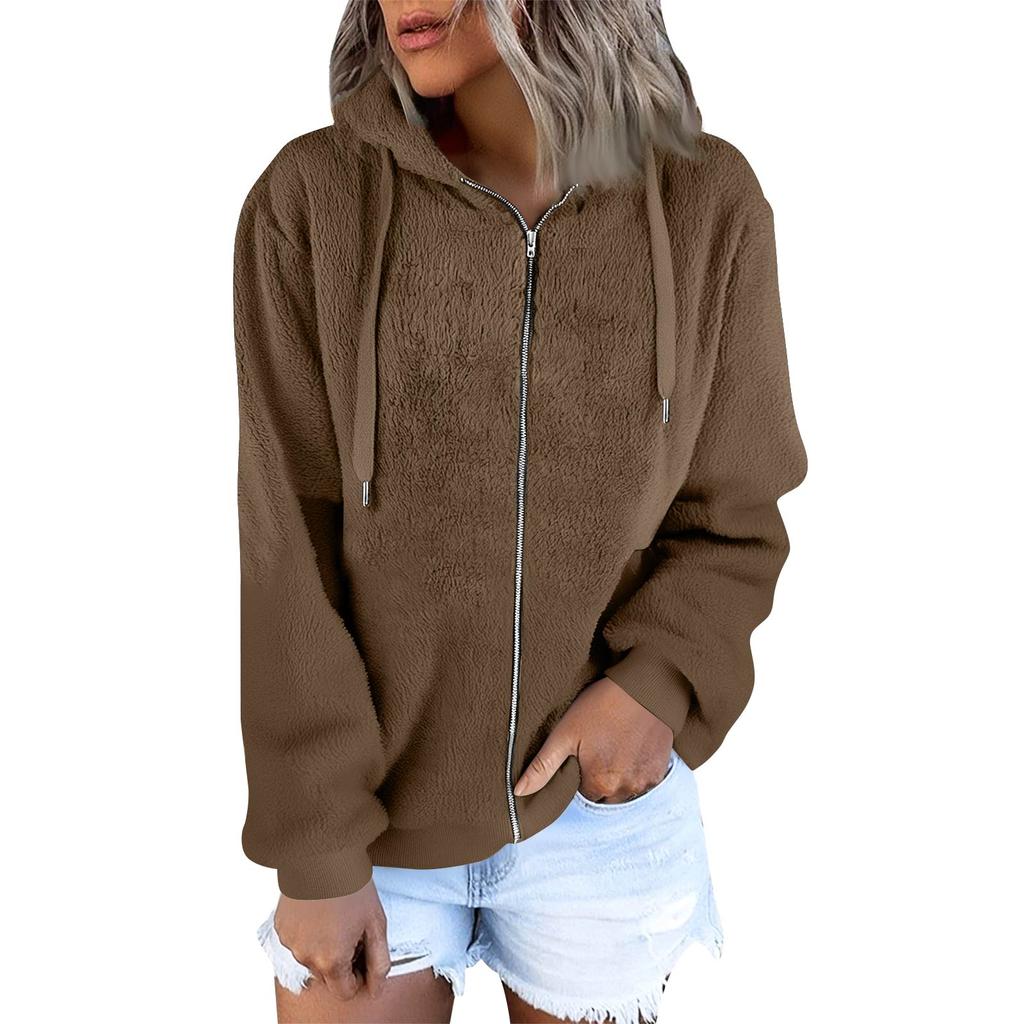 Women's Fashionable Warm Fleece Solid Color Hoodie Zipper Pocket Casual Jacket