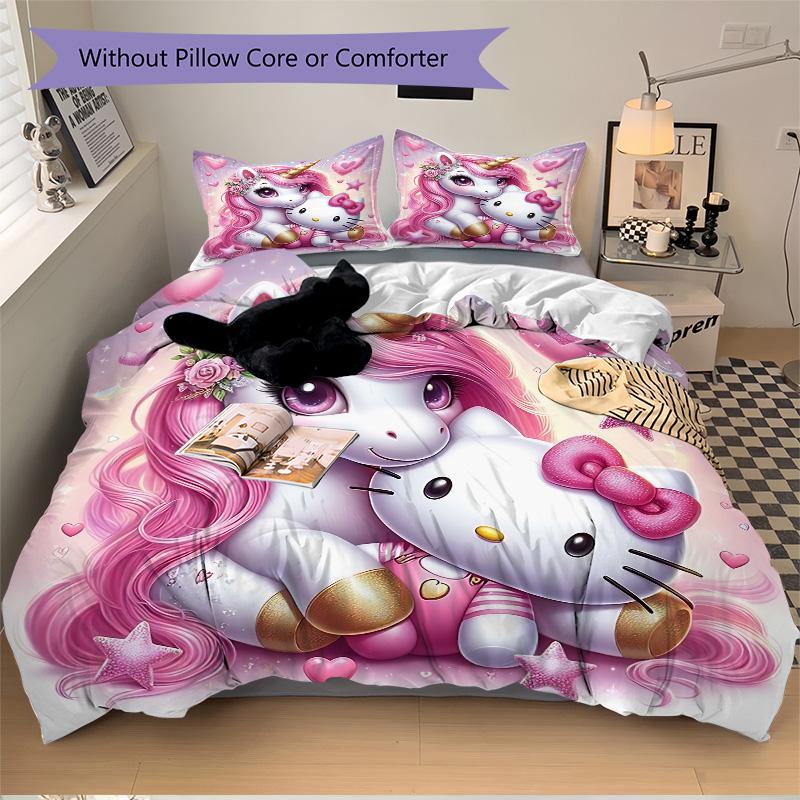 Unicorn With Hello Kitty Print 3Pcs Bedding Set,Duvet Cover with 2 Bedro,Pillowcase Home Birthday Gift