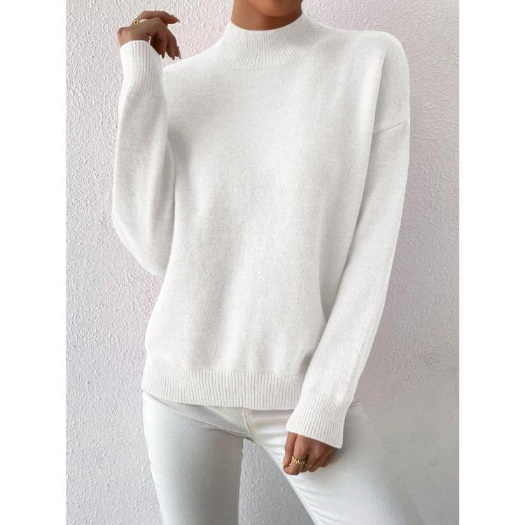 Solid Color Loose Knit Top Semi High Neck Pullover Long Sleeved Sweater Women Autumn and Winter