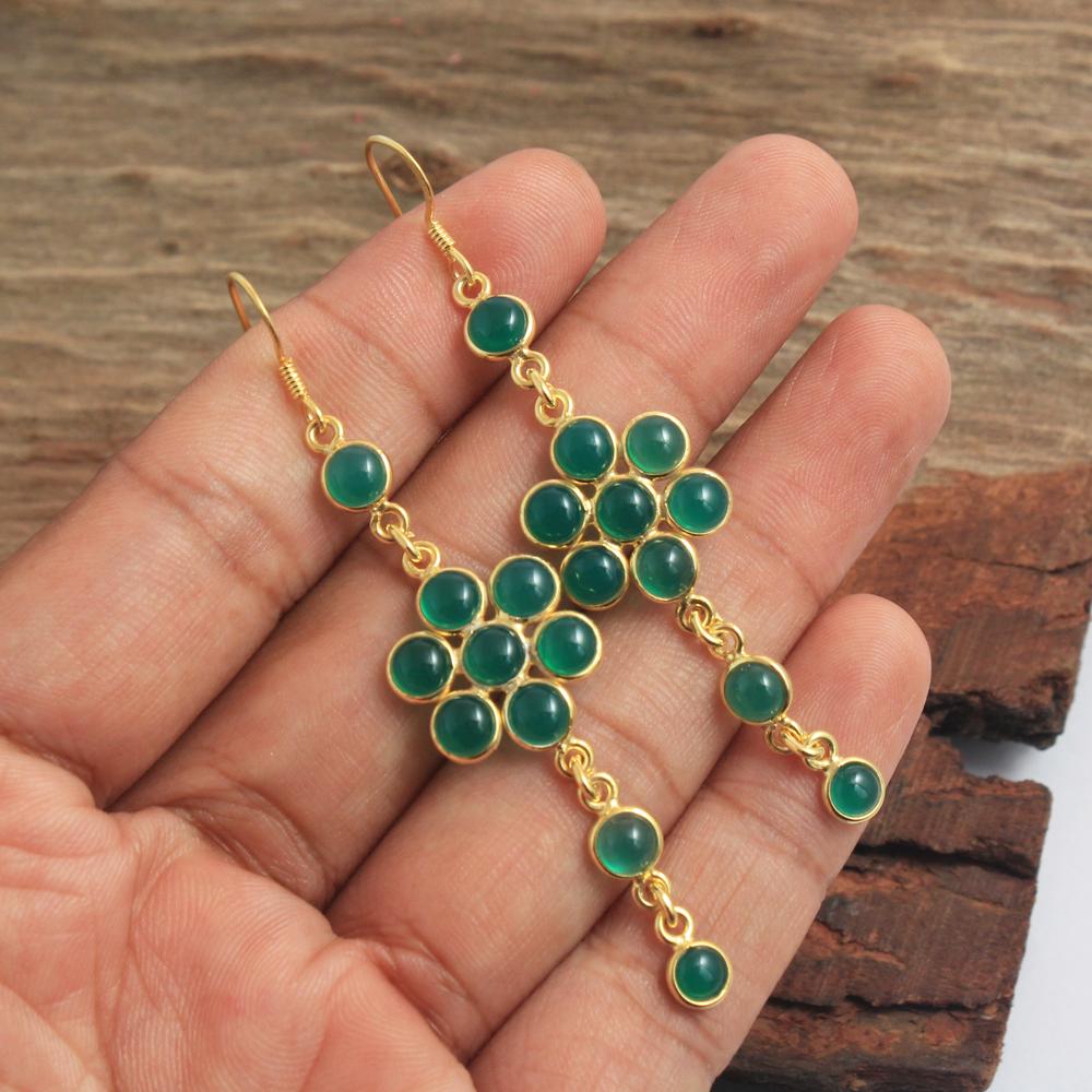 Green Onyx Gemstone Women Dangle Earring 100% 925 Sterling Silver Yellow Gold Plating Jewelry