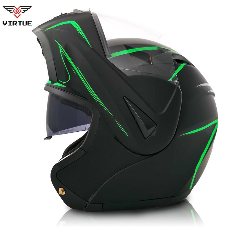 VIRTUE Full Face Motorcycle Helmet With Dual Lens Carbon Fiber Style Decal ABS Shell Flip-Up Design Adult Riders