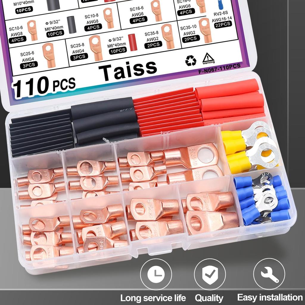 Taiss 110PCS Copper Wire Lugs,Battery Lugs AWG 2/4/6/8/10/12/14/16 Gauge Copper Lugs Assortment,Battery Cable Ends Copper Ring Terminals Connectors