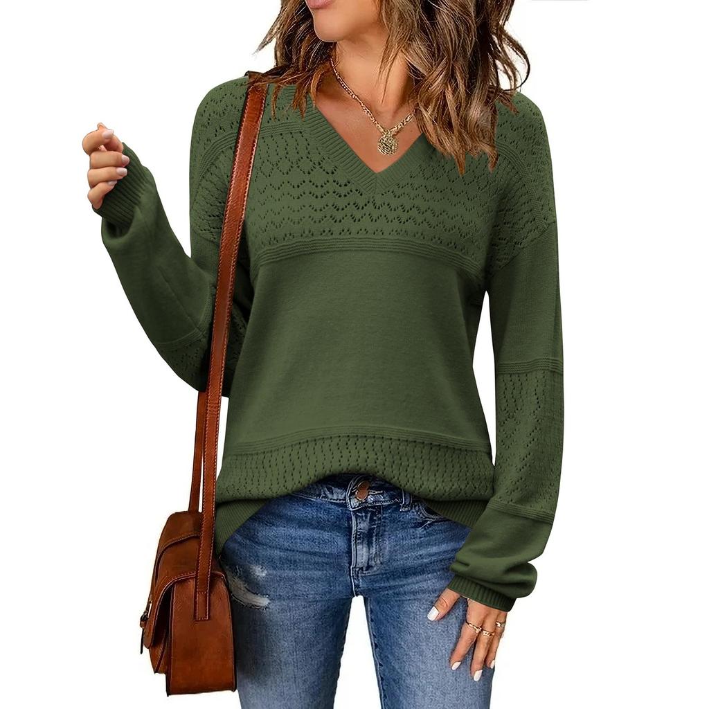 Women's Loose Knitted Sweater With V-Neck Hollowed Out Pullover Long Sleeved Solid Color Top