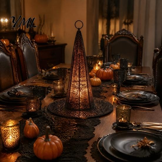 Gold Mesh Party Decor for Home Glowing Halloween Witch Hat with Warm LED Lights, Wizard Reusable Window Hanging Spooky Costumes, Indoor Outdoor