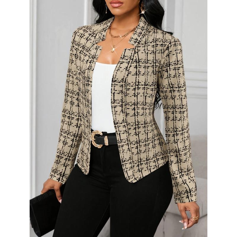 Women's Lightweight Plaid Long Sleeve Jacket - Stylish Open Front Outerwear for Spring & Fall, Black & White Houndstooth Pattern,