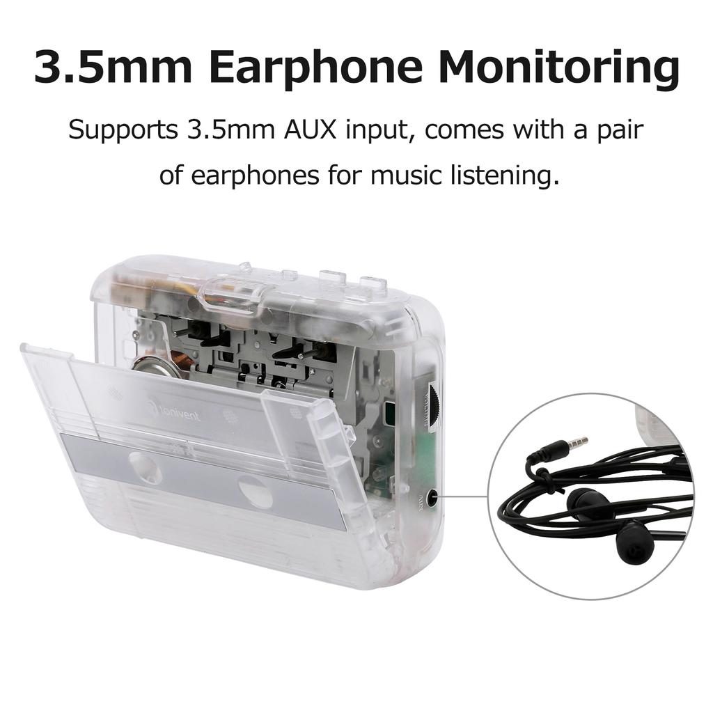 Портативный BT кассетный плеер TONIVENT Стерео Автореверс Мини Прозрачный Плеер для кассет и FM-радио с AUX-входом 3,5 мм