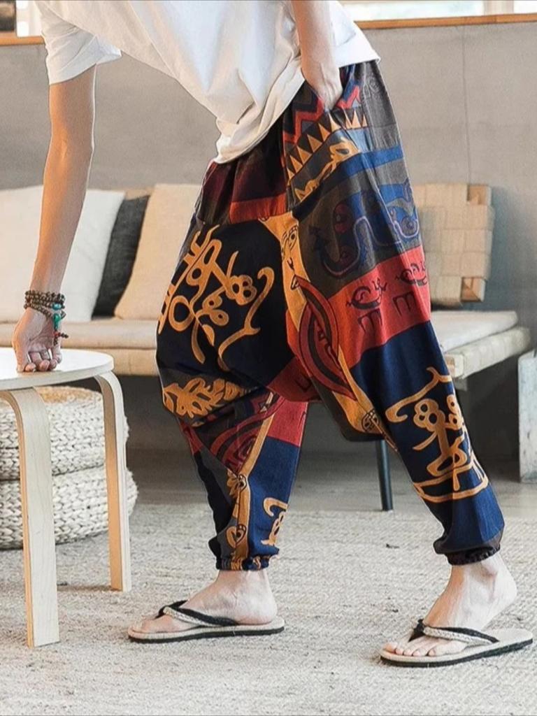 Мужские повседневные брюки из полиэстера в этническом стиле с винтажными узорами, свободный крой, эластичный пояс, манжеты на щиколотке, удобные брюки для всех сезонов