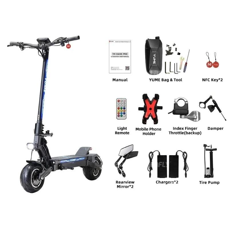 Электрический скутер YUME HAWK Pro, бескамерные дорожные шины 10x4,5 дюйма, двигатель 3000 Вт*2, аккумулятор 60 В 30 Ач, максимальная скорость 50 миль/ч, максимальный запас хода 60 миль