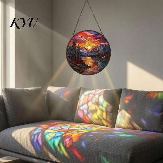 Retro Style Wall Decoration Stained Glass Suncatcher, Mountain Sunset Landscape Window Hanging Ornament, Colorful Modern Interior Decor Sun