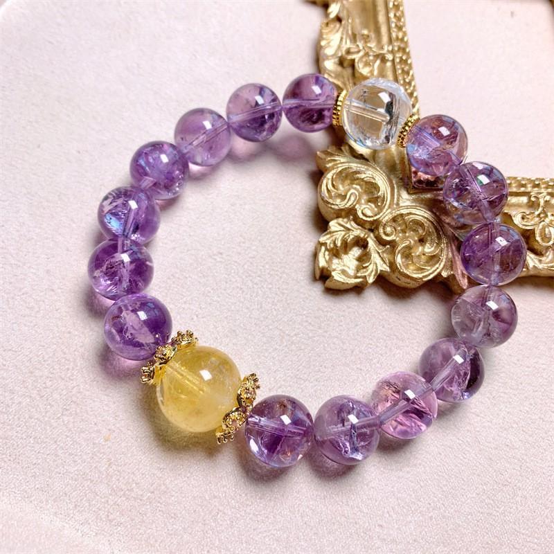Handmade Natural Amethyst Bracelet 18 Beads 10mm Geometric Style Boho Women Jewelry With White Crystal Accents