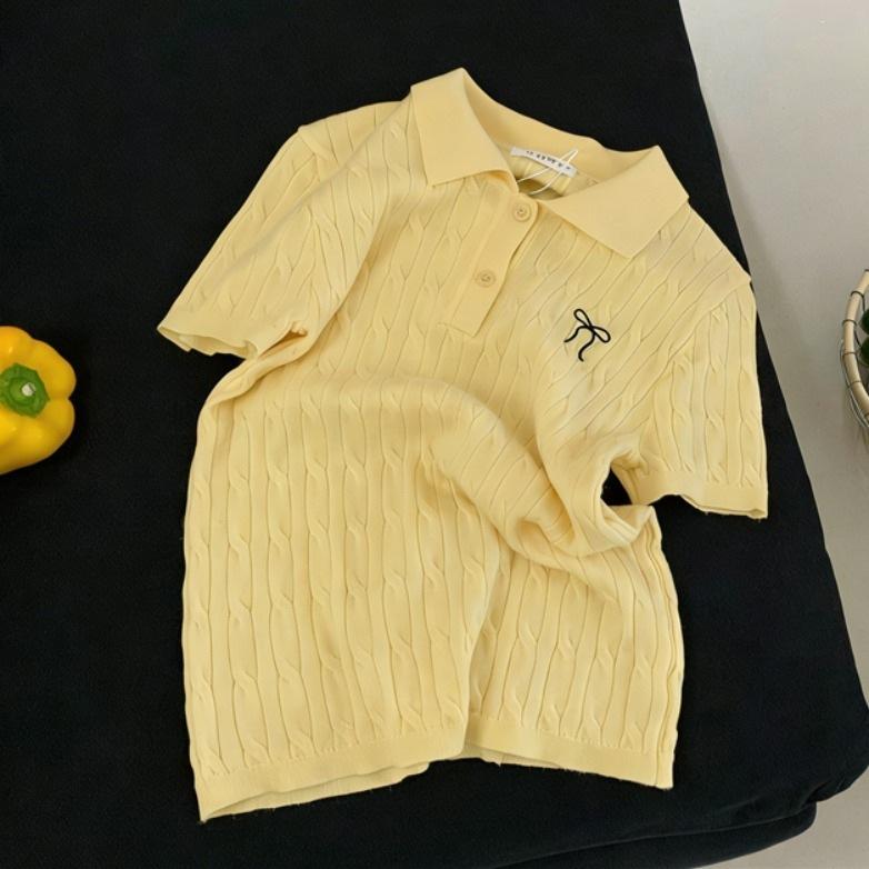 Polo neck knitted short-sleeved women's 1116 new embroidered retro college twist sweater
