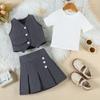2-8Y Girls Spring and Summer Suit Fashion V-neck Single-breasted Waistcoat + Pullover Top + Pleated Skirt 3pcs