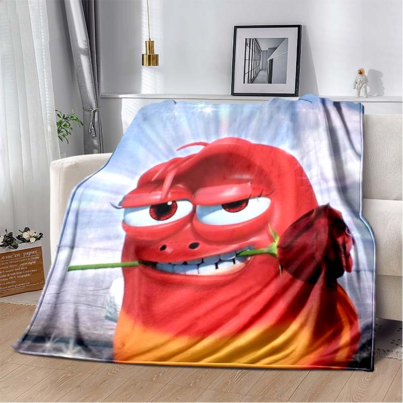 Larva Red Worm With Rose Flannel Throw Blanket Cartoon Insect Sofa Cover Romantic Light Background Decor Blanket Gift For Animation Fans