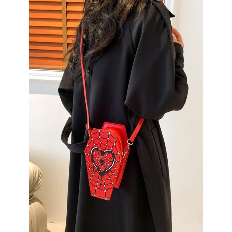 Women Fashion Shoulder Bag Large Capacity Coffin Shaped Casual Satchel Bag Adjustable Strap Spider Web PU Leather Chic Hobo Bag