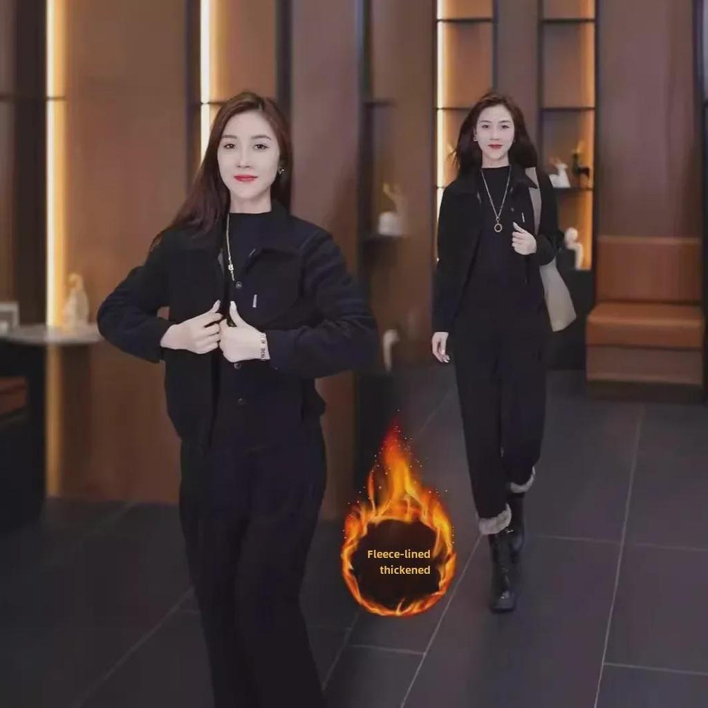 Women's Plush Thickened Casual Two-Piece Suit - Slim, Loose, Meat-Covering Fashion for Autumn & Winter 2024