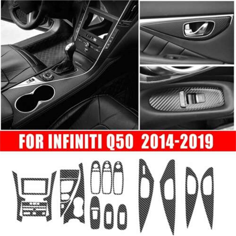 18pcs Kit Car Interior Stickers Trim Black Carbon Fiber For Infiniti Q50 2014-2019 Car Panel Dashboard Sticker Set
