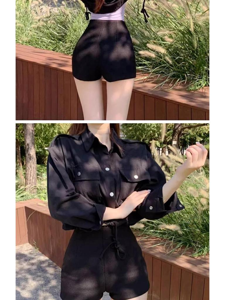 2023 Женские шерстяные черные шорты А-силуэта с высокой посадкой: Осенне-зимние облегающие повседневные шорты-бутсы в корейском стиле