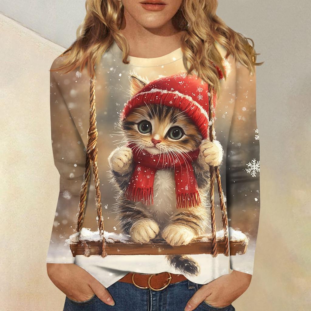 Women's Fashion Casual Round Neck Long Sleeve Printed T-Shirt Top