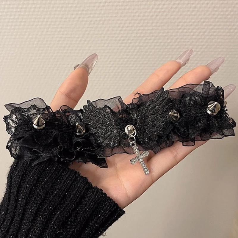 Широкое кружево, заклепки, кружевной чокер в стиле Лолита, Y2K, крылья ангела, крутое кожаное ожерелье, модное, однотонное, женское, для девочек, ожерелье для повседневной носки