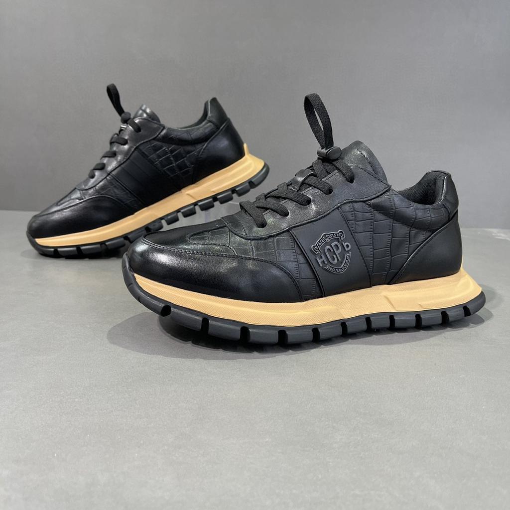 High-end Men's Real Cow Leather Casual Shoes Fashion European 2024 Autumn Winter Luxury Elegant Solid Color Black Sneakers