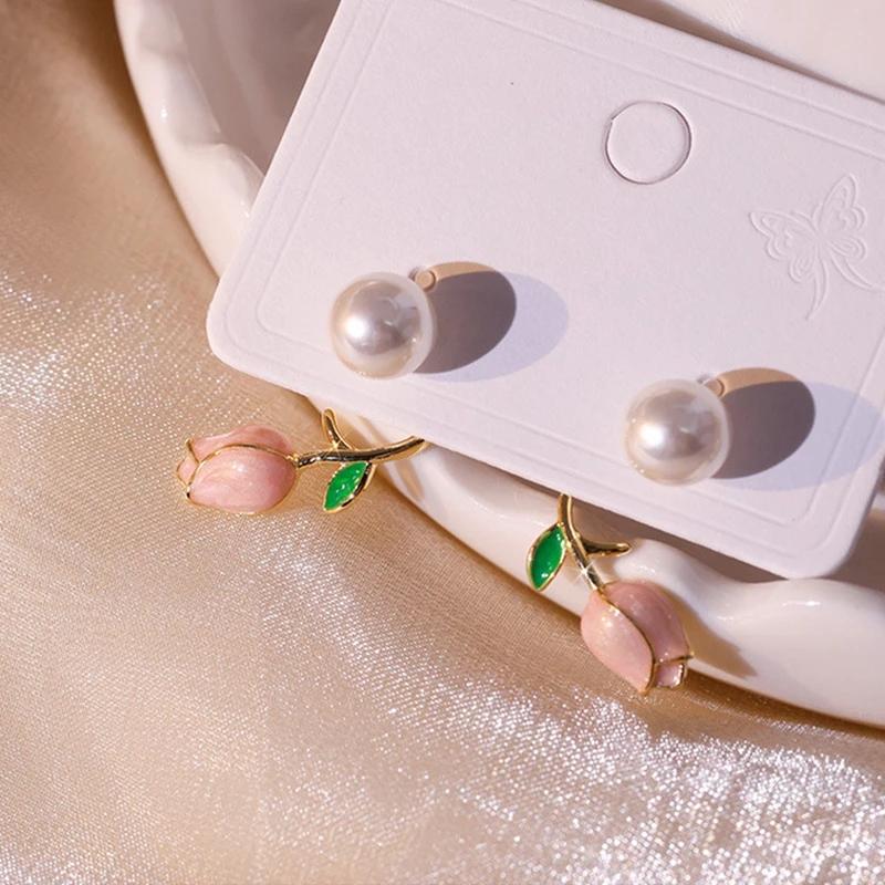Серьги-гвоздики с имитацией розового тюльпана и жемчуга для женщин, украшения для рождественских вечеринок, подарков
