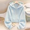 Осень-весна ленивый стиль мягкий синий кардиган свитера женщины длинный рукав элегантный вязаный жакет милый дизайн женская повседневная верхняя одежда с капюшоном топы