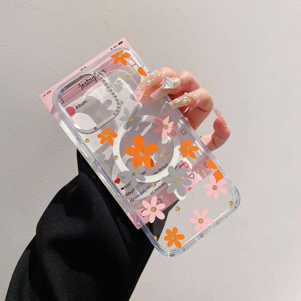Floral Transparent Magnetic Bow Diamond Lens Case for iPhone 17 Pro Max
