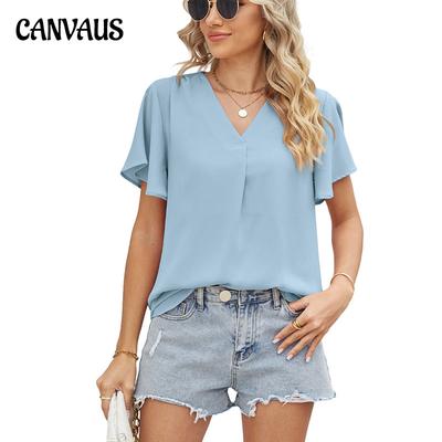 Летняя женская футболка с v-образным вырезом, шифоновая рубашка, плиссированные свободные топы с короткими рукавами