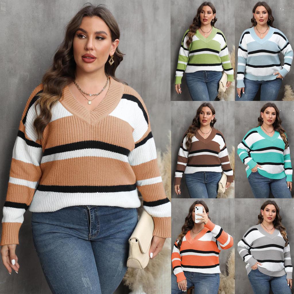 Women's Plus Size Pullover Fall New V Neck Color Patchwork Fashion Sweater