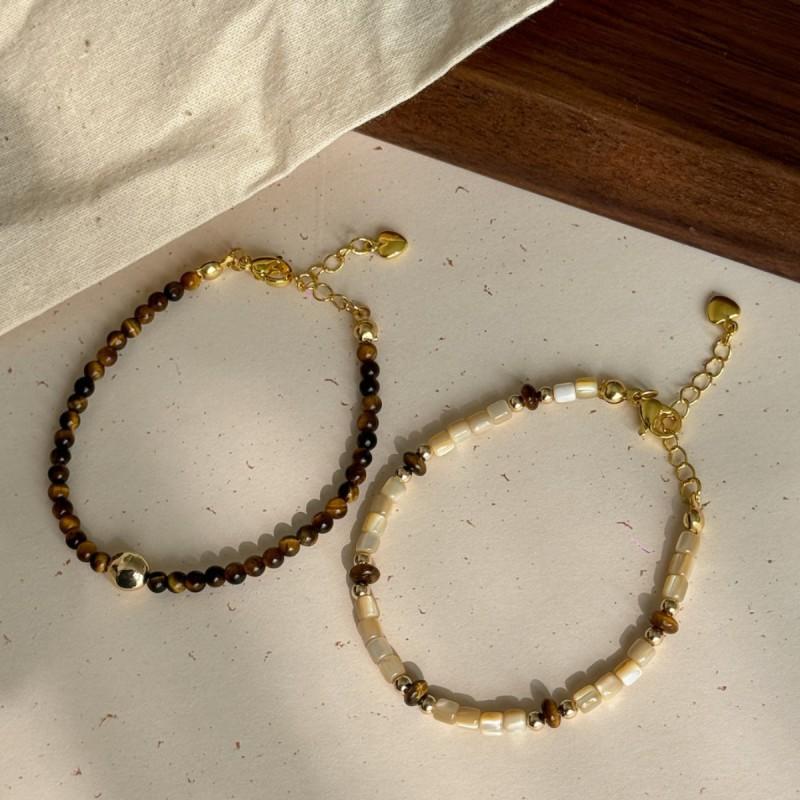Minimalist Geometric Layered Bracelet Set With Tiger Eye Stone Natural Shell Beads Women