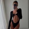 Women Elegant O-Ring Metal Slim Tops High Rise Bodysuit Cut Out Sexy Long Sleeve Bodysuits