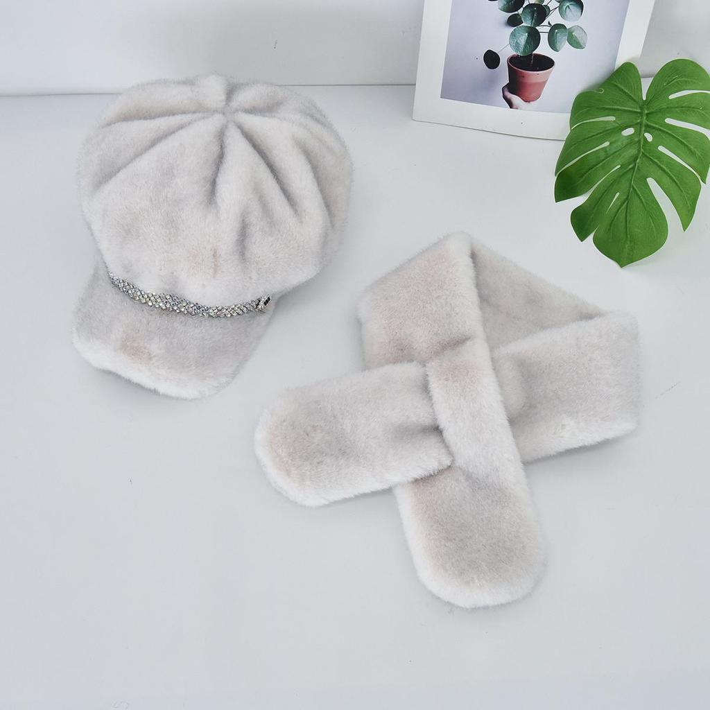 Роскошная берет-шапка из искусственного меха норки с козырьком для женщин, Зимний комплект: шапка и шарф, Уличный берет с козырьком, украшенный стразами