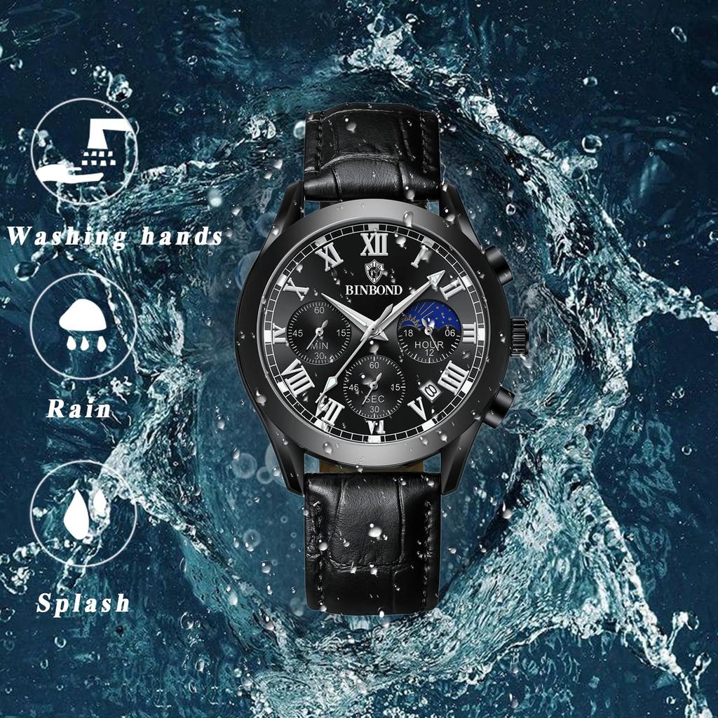 Genuine Leather Strap Calendar Roman Alphabet Luminous Analog Starry Sky Waterproof Leather Belt Simple Stylish Quartz Black Fashion Accessories