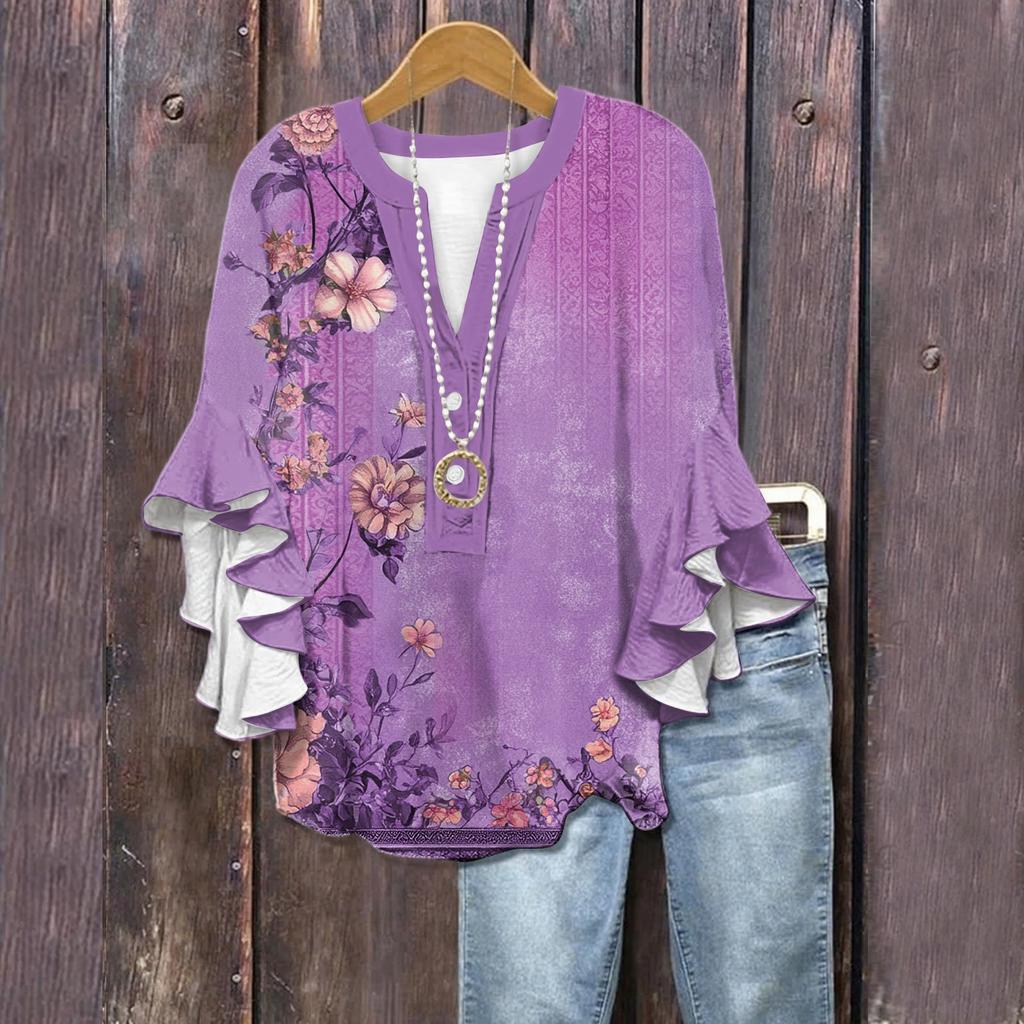 Summer Tops For Women Cute V Neck 3/4 Sleeve Blouses Floral Print Top Casual Shirts