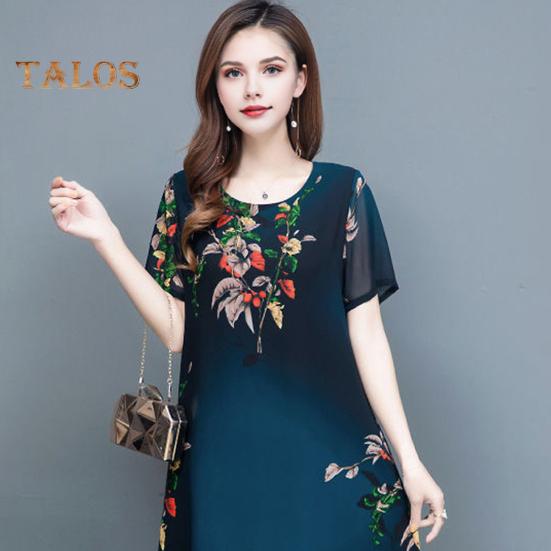 Женское летнее платье среднего возраста с цветочным принтом, круглым вырезом, короткими рукавами, двухслойное платье длиной до колена, больших размеров, свободное женское платье миди для выпускного вечера