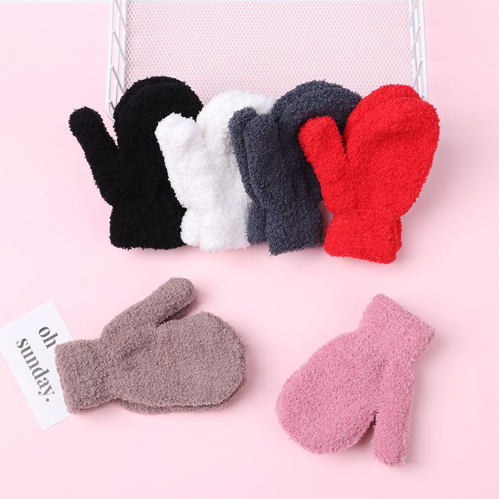 Boys Girls Winter Lovely Soft Warm Baby Candy Color Coral Plush Mittens Full Fingers Kids Gloves