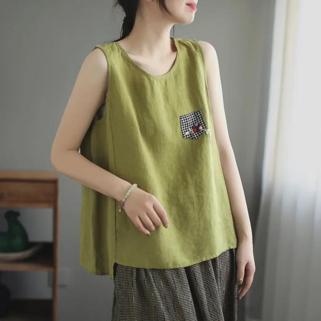 Женская свободная майка из хлопка и льна: Универсальный ретро-топ без рукавов для лета