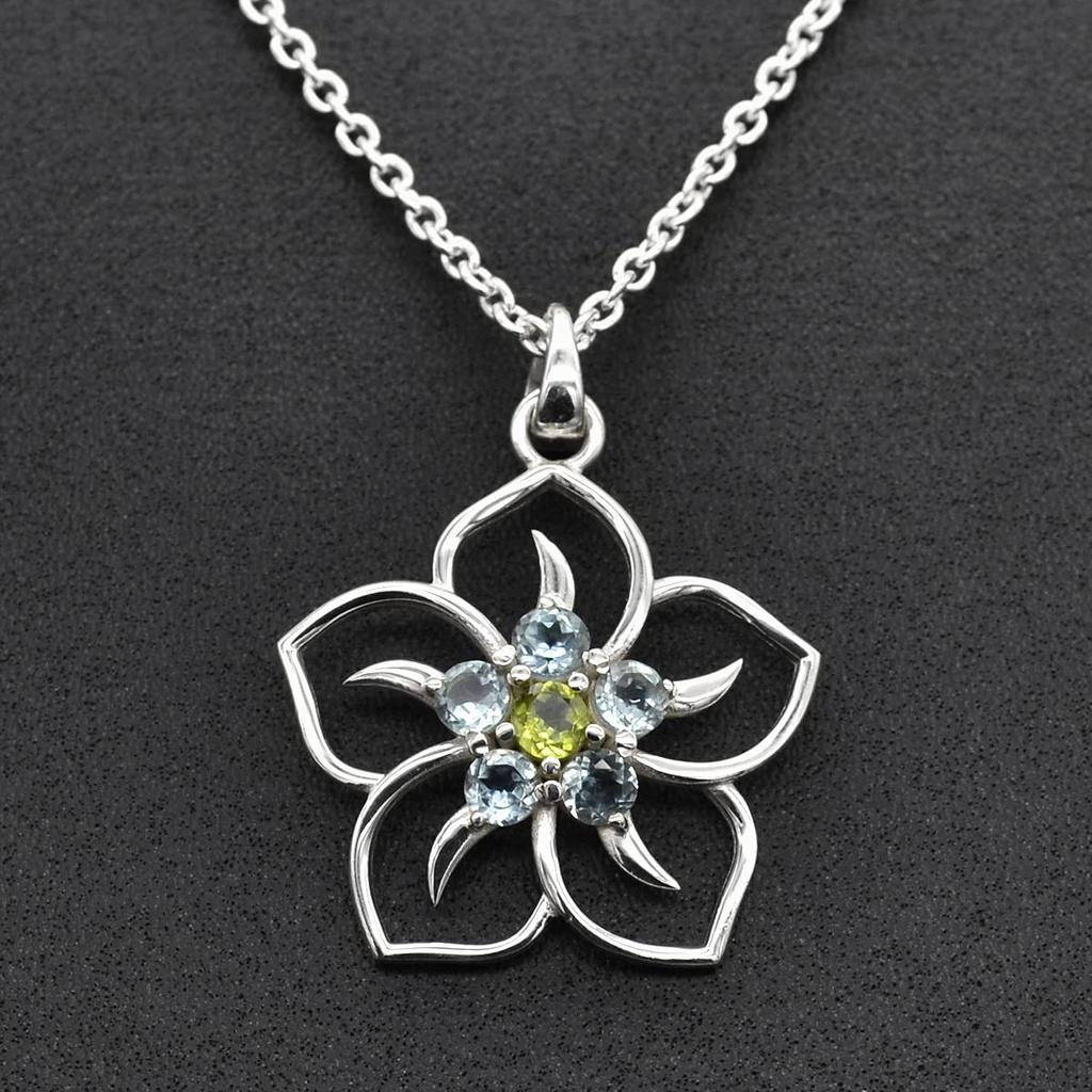 Round Cut Blue Topaz & Peridot (1.2 Cts) Flower Design 925 Sterling Silver Gemstone Pendant with Chain Jewelry For Women or Girls
