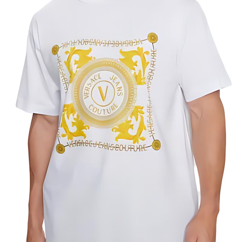 Versace Мужская футболка с принтом, круглым вырезом и коротким рукавом, Топы Белый 75GAHF07G03