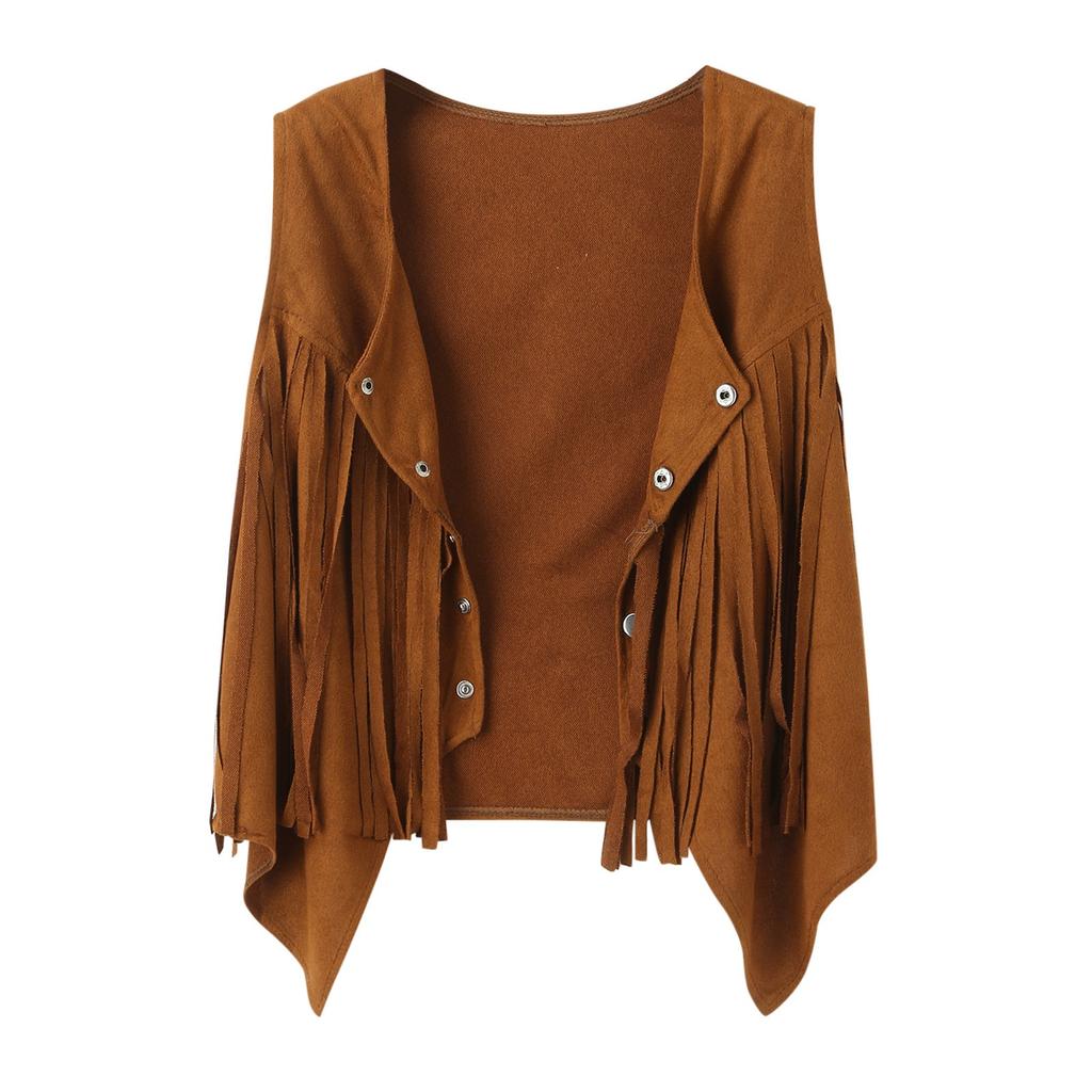 Spring and Summer Retro Cowboy Tassel Vest Women Open Front Vintage Vest Top Sleeveless Female Clothes Solid Jacket Punk Style Coat