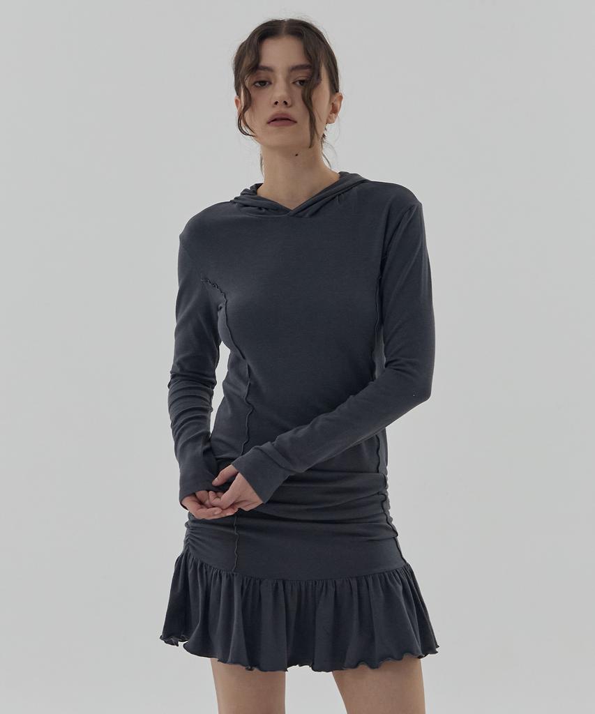 Dear Stalker Aqua Shirring Hooded Dress - Charcoal