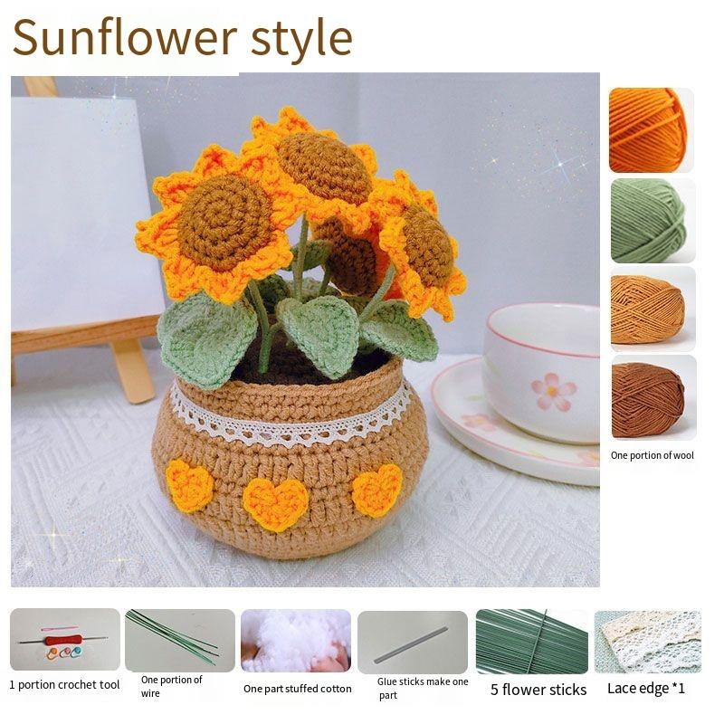 Крючковатый цветок Готовый продукт Тканый тюльпан Маргаритка Цветок в горшке Букет Пряжа Вязание крючком Материал Сумка Украшение Цветок