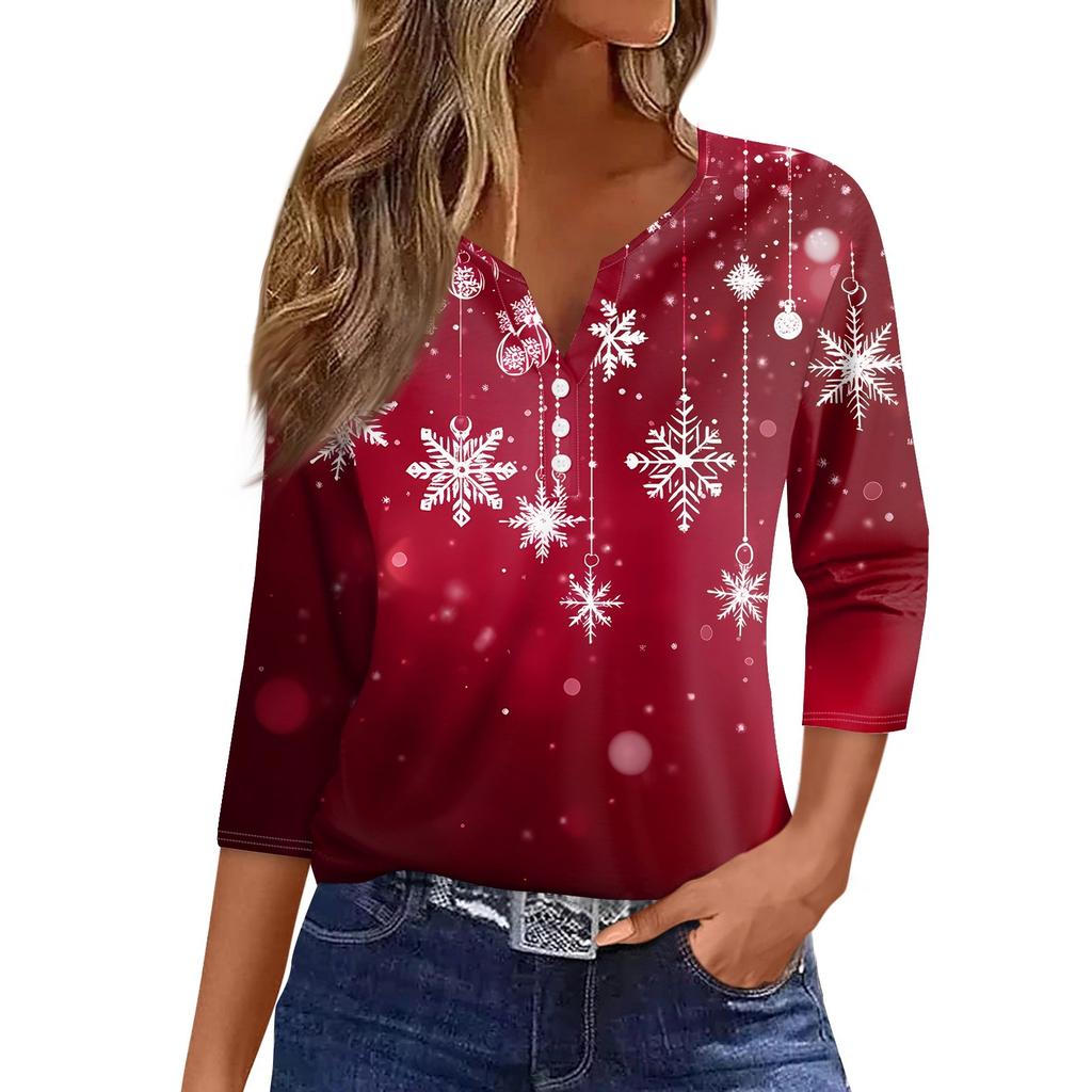 Women's T Shirt Christmas Print Button 3/4 Sleeve Daily Weekend Fashion Basic V- Neck Regular Top